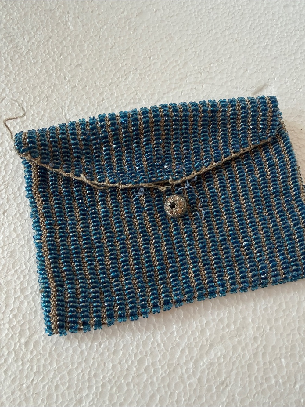Vintage 1920 Handwoven Teal Beaded Envelope coin   bag with Metallic Trim 3.5x5